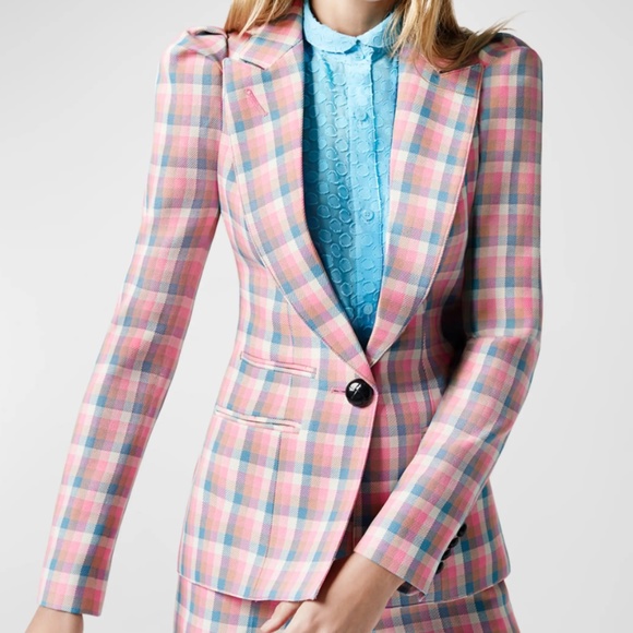 NWT $825 Smythe Box-Pleat Tailored Check Blazer in Begonia Check! - Picture 3 of 4
